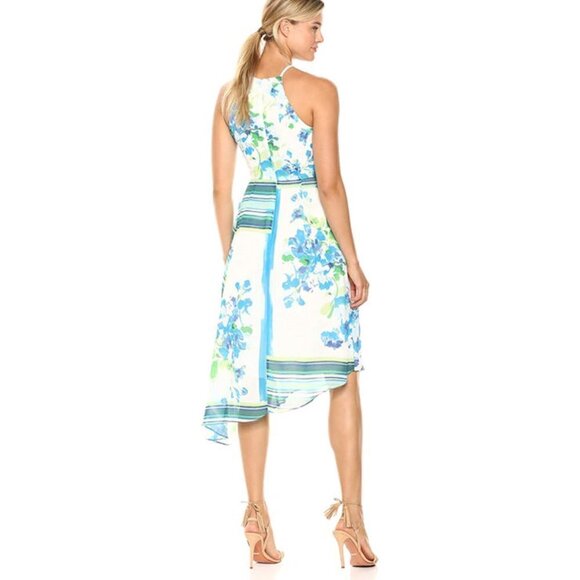 Donna Morgan Halter Dress Size: 10 White Blue Floral Asymmetrical NWT - Picture 2 of 3